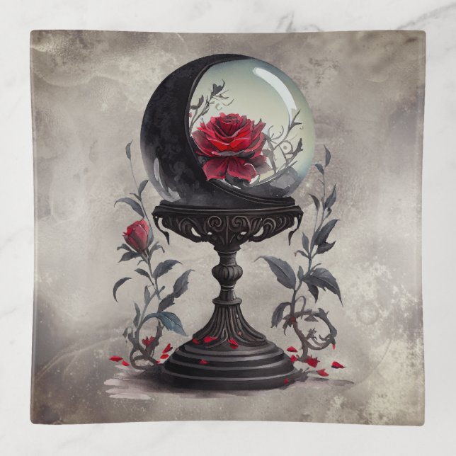 Boudoir | Crystal Ball Crescent Moon Red Roses Trinket Tray (Front)