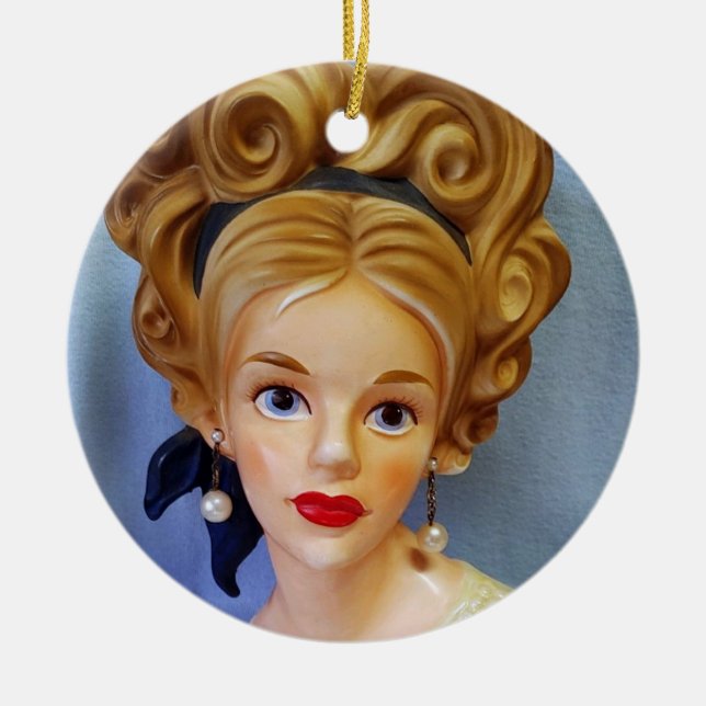Bouffant Hair Lady Head Vase Big Blue Eyes Ceramic Ornament (Front)