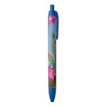 Bougainvillea and Palm Tree Tropical Nature Scene Blue Ink Pen
