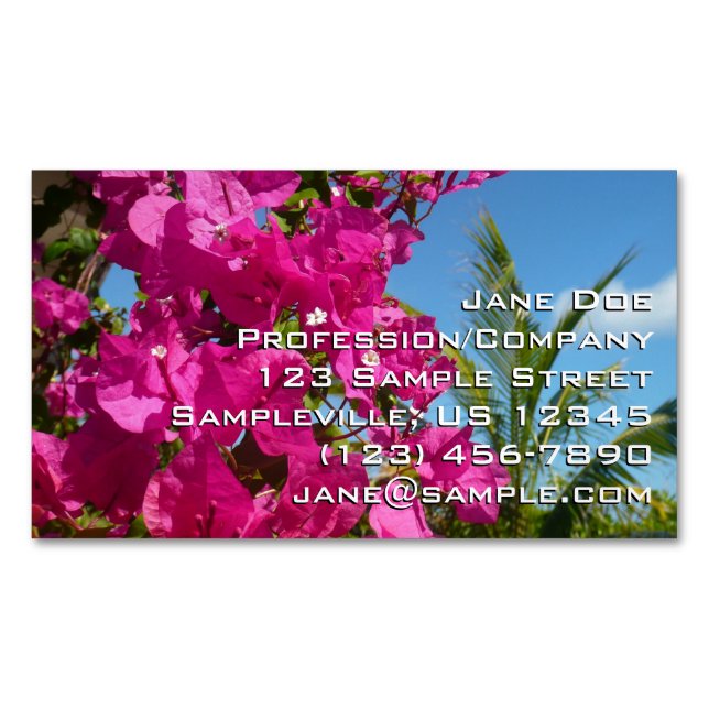Bougainvillea and Palm Tree Tropical Nature Scene Business Card Magnet (Front)