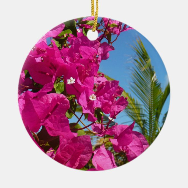 Bougainvillea and Palm Tree Tropical Nature Scene Ceramic Ornament (Front)