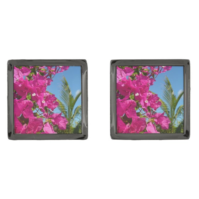 Bougainvillea and Palm Tree Tropical Nature Scene Cufflinks (Front)