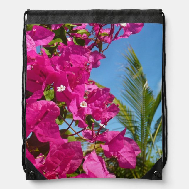 Bougainvillea and Palm Tree Tropical Nature Scene Drawstring Bag (Front)
