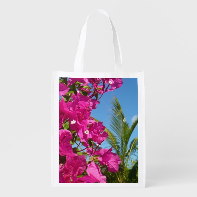 Bougainvillea and Palm Tree Tropical Nature Scene Grocery Bag (Front)