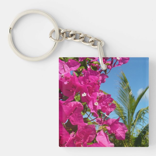 Bougainvillea and Palm Tree Tropical Nature Scene Keychain (Front)