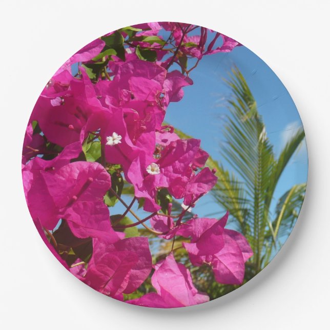 Bougainvillea and Palm Tree Tropical Nature Scene Paper Plates (Front)