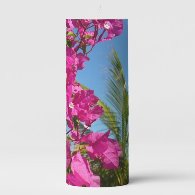 Bougainvillea and Palm Tree Tropical Nature Scene Pillar Candle (Front)