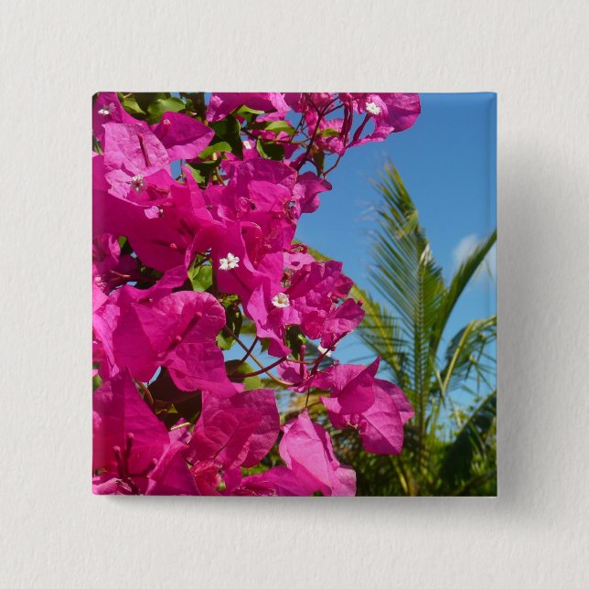 Bougainvillea and Palm Tree Tropical Nature Scene Pinback Button (Front)