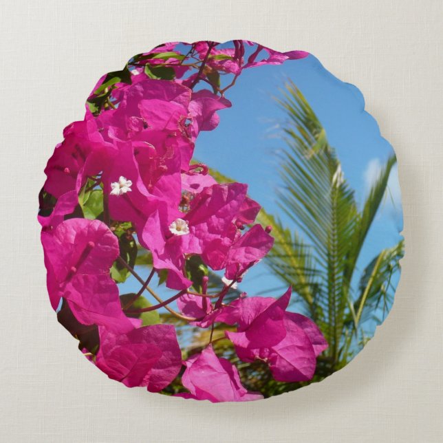 Bougainvillea and Palm Tree Tropical Nature Scene Round Pillow (Front)