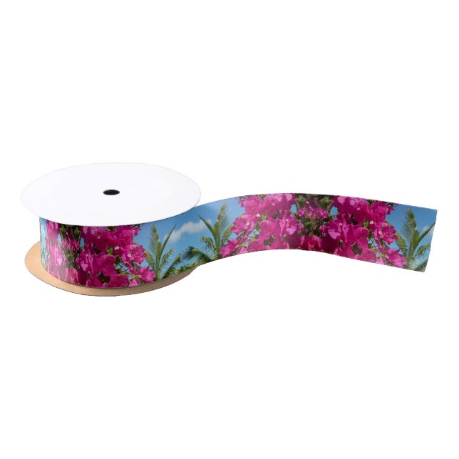 Bougainvillea and Palm Tree Tropical Nature Scene Satin Ribbon (Spool)