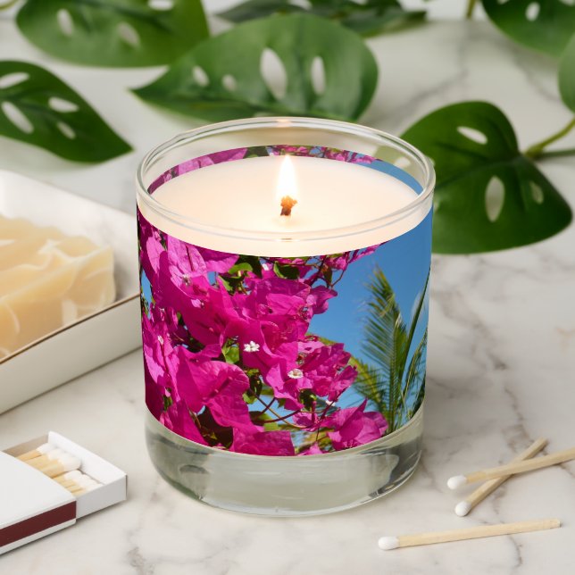 Bougainvillea and Palm Tree Tropical Nature Scene Scented Candle (Lit)