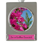 Bougainvillea and Palm Tree Tropical Nature Scene Silver Plated Banner Ornament