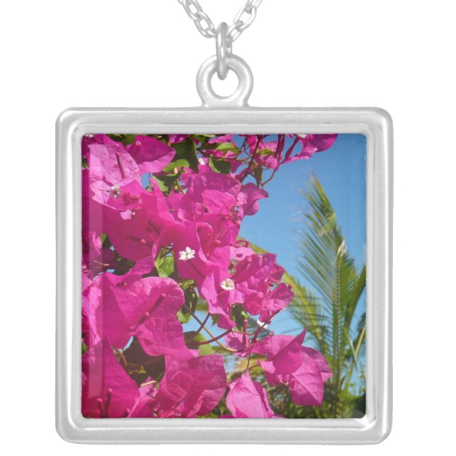 Bougainvillea and Palm Tree Tropical Nature Scene Silver Plated Necklace (Front)
