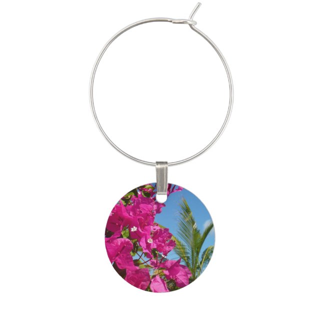 Bougainvillea and Palm Tree Tropical Nature Scene Wine Glass Charm (Front)