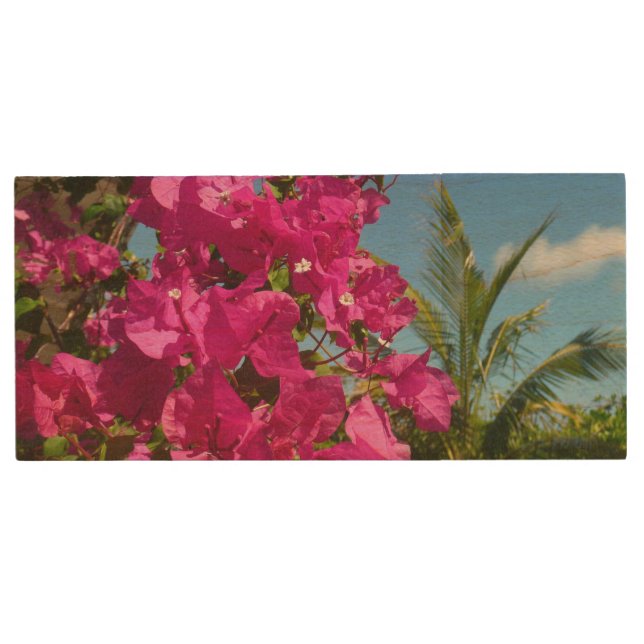 Bougainvillea and Palm Tree Tropical Nature Scene Wood Flash Drive (Front)