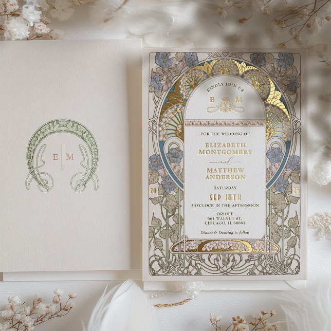 Bougainvillea Blue Gold Wedding Art Nouveau Mucha Foil Invitation (Creator Uploaded)