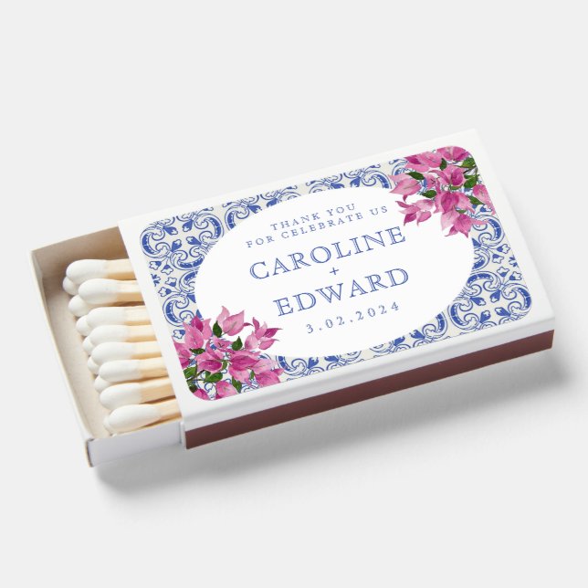 Bougainvillea Bluetile Mediterranean Wedding Matchboxes (Front Open)