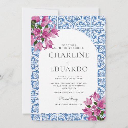 Bougainvillea Bluetile Mediterranean Wedding QR  Invitation