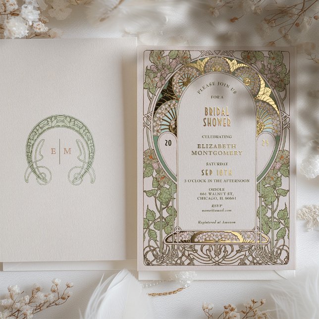 Bougainvillea Bridal Shower Green Gold Art Nouveau Foil Invitation (Creator Uploaded)