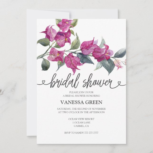 Bougainvillea Bridal Shower Invitation 2 QR Codes (Front)