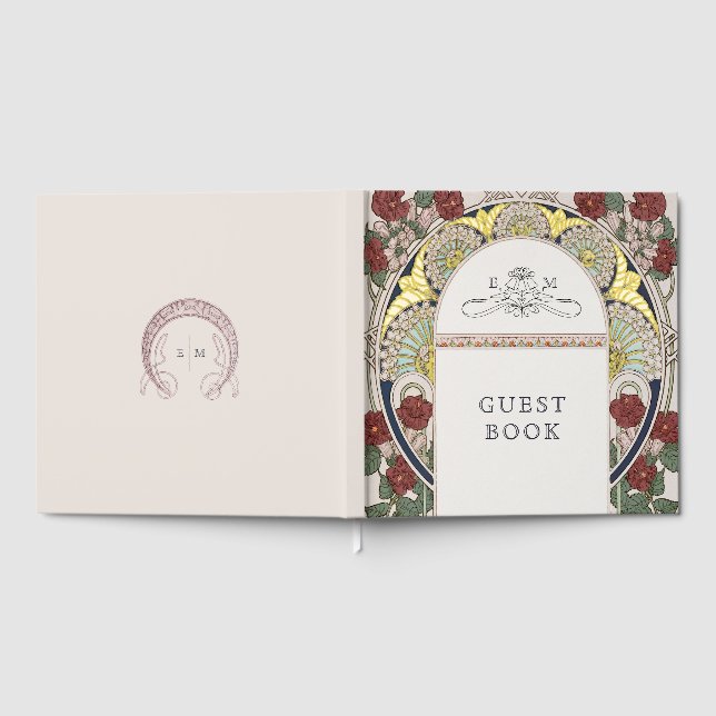 Bougainvillea Burgundy Gold Wedding Art Nouveau Foil Guest Book (Full)