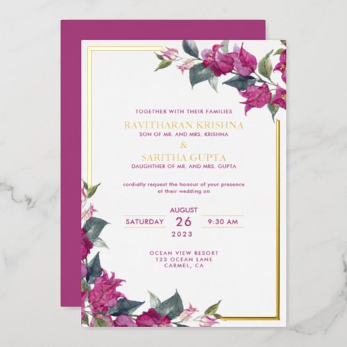 Bougainvillea Burgundy Pink Floral Wedding Foil In Foil Invitation