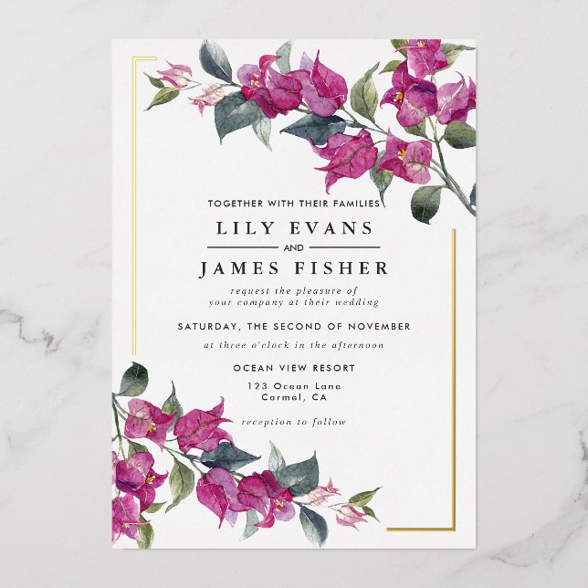 Bougainvillea Burgundy Pink Floral Wedding Foil In Invitation (Front)