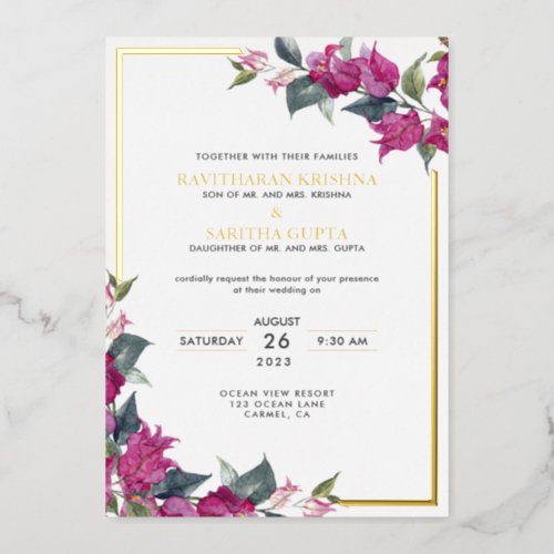 Bougainvillea Burgundy Pink Floral Wedding Foil Invitation