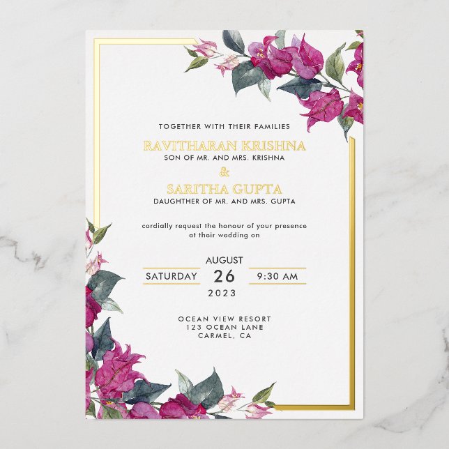 Bougainvillea Burgundy Pink Floral Wedding Foil Invitation (Front)
