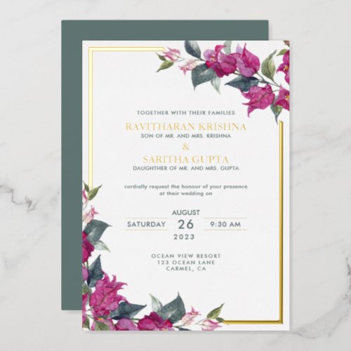 Bougainvillea Burgundy Pink Floral Wedding Foil Invitation