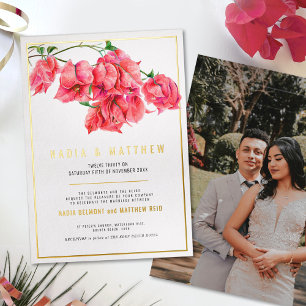 Bougainvillea gold red pink watercolor wedding foil invitation