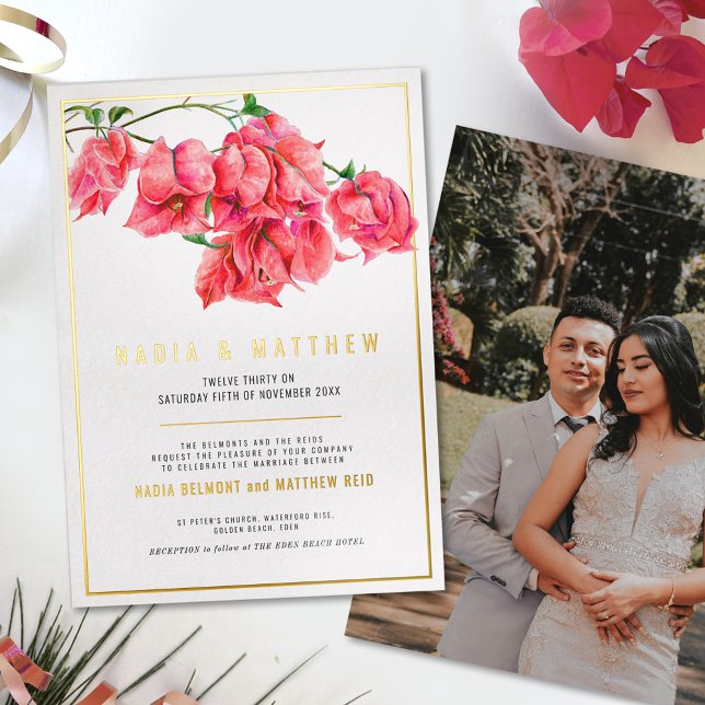 Bougainvillea gold red pink watercolor wedding foil invitation (Creator Uploaded)