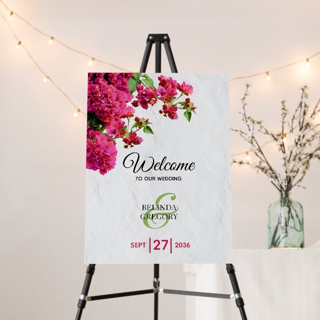 Bougainvillea Greek Island Wedding Welcome Sign (In Situ (Stand))