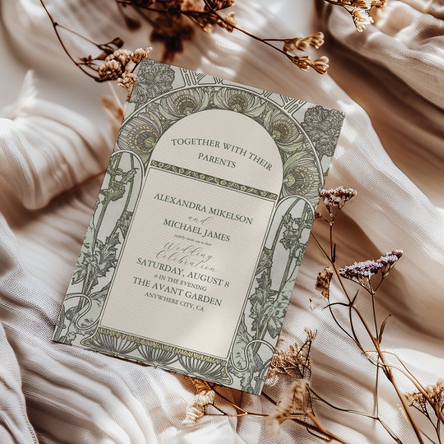 Bougainvillea Green Art Nouveau Mucha Wedding Invitation (Creator Uploaded)