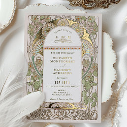 Bougainvillea Green Gold Wedding Art Nouveau Mucha Foil Invitation