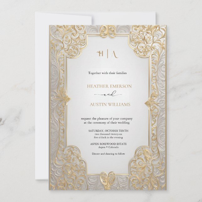 Bougainvillea Green Gold Wedding Art Nouveau Mucha Invitation (Front)