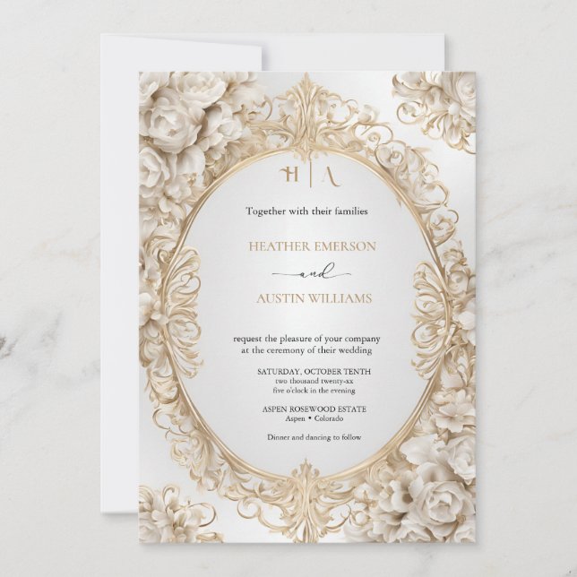 Bougainvillea Green Gold Wedding Art Nouveau Mucha Invitation (Front)
