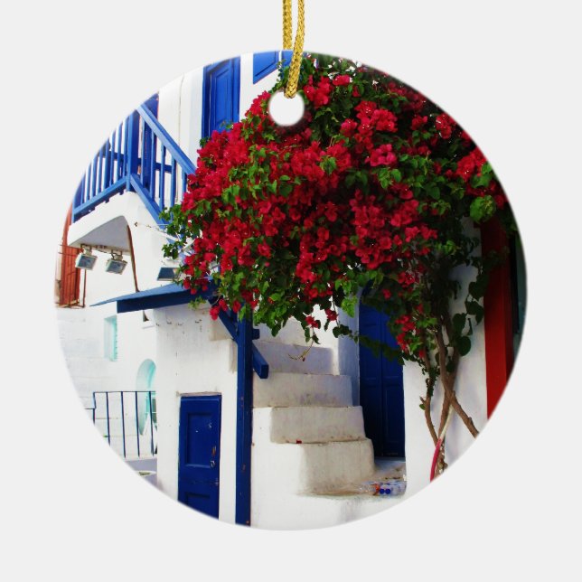 Bougainvillea growing on house in Mykonos, Greece Ceramic Ornament (Front)