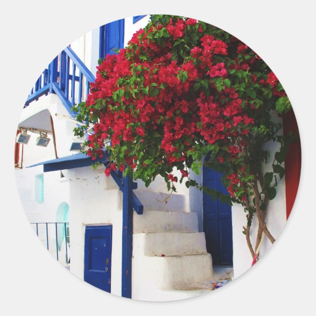 Bougainvillea growing outside a house, Mykonos Classic Round Sticker (Front)