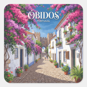 Bougainvillea Lane in Óbidos Historic Center Square Sticker