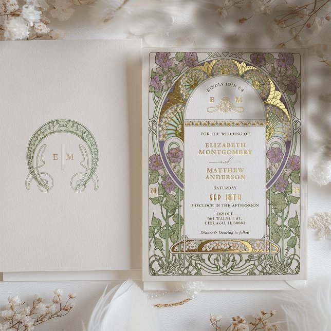 Bougainvillea Lilac Gold Wedding Art Nouveau Mucha Foil Invitation (Creator Uploaded)