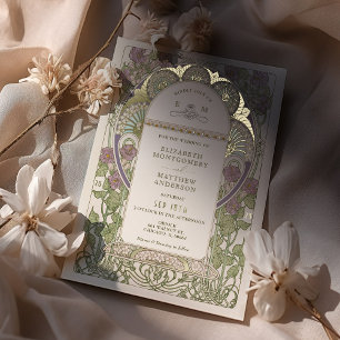 Bougainvillea Lilac Gold Wedding Art Nouveau Mucha Foil Invitation