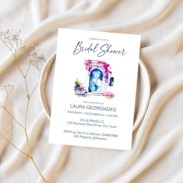 Bougainvillea Mediterranean themed bridal shower Invitation (Bougainvillea Mediterranean blue themed bridal shower editable template Invitation digital download)