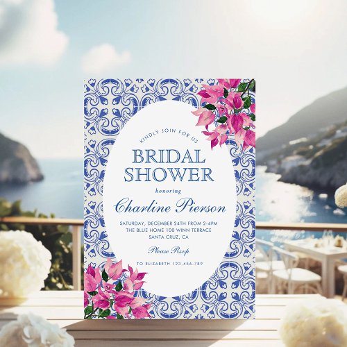 Bougainvillea MediterraneanBlue tile Bridal Shower Invitation
