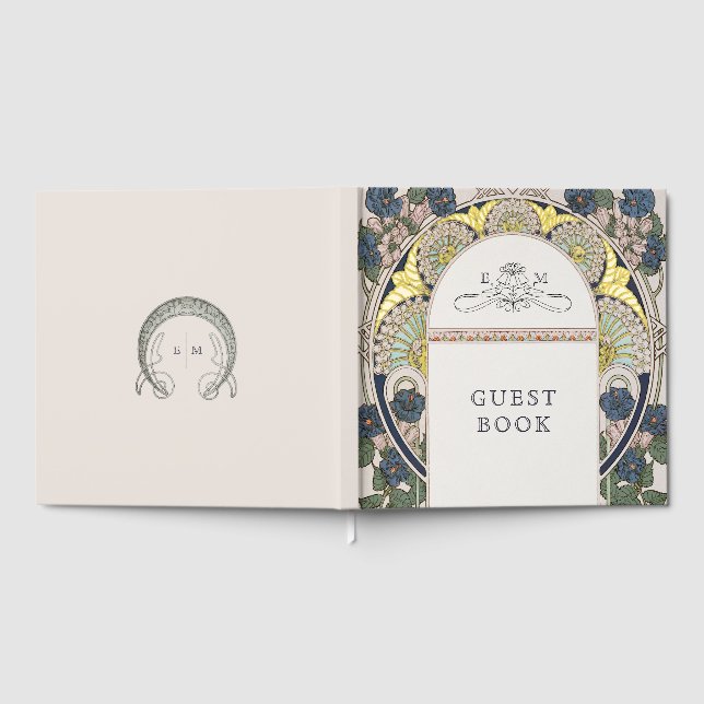 Bougainvillea Navy Blue Gold Wedding Art Nouveau Foil Guest Book (Full)