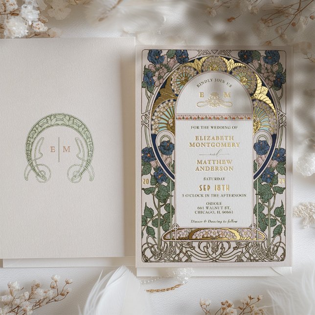 Bougainvillea Navy Blue Gold Wedding Art Nouveau Foil Invitation (Creator Uploaded)