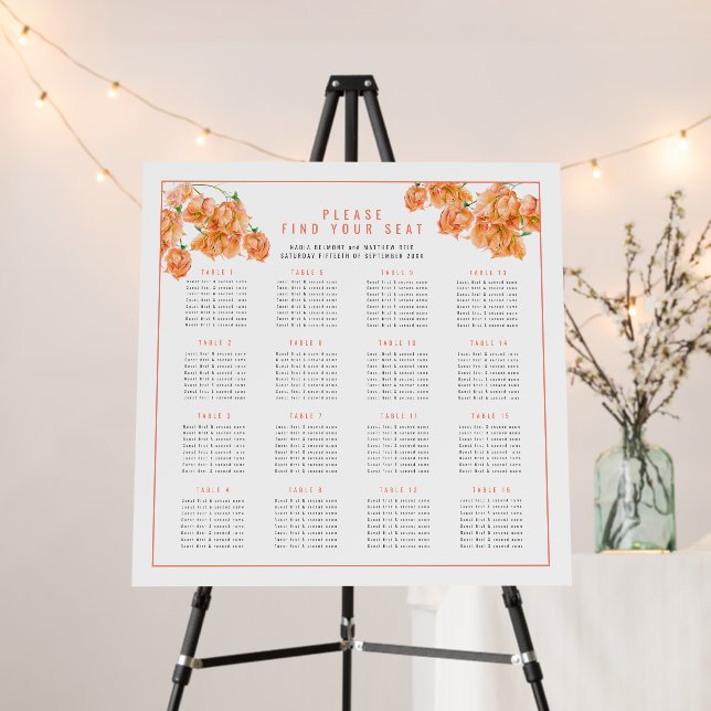Bougainvillea orange wedding 16 table seat chart foam board (In Situ (Stand))