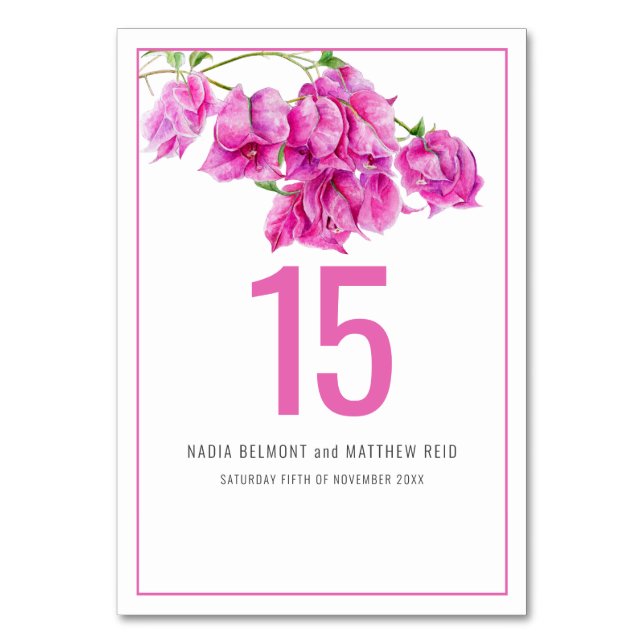 Bougainvillea paper flower pink wedding or event table number (Front)