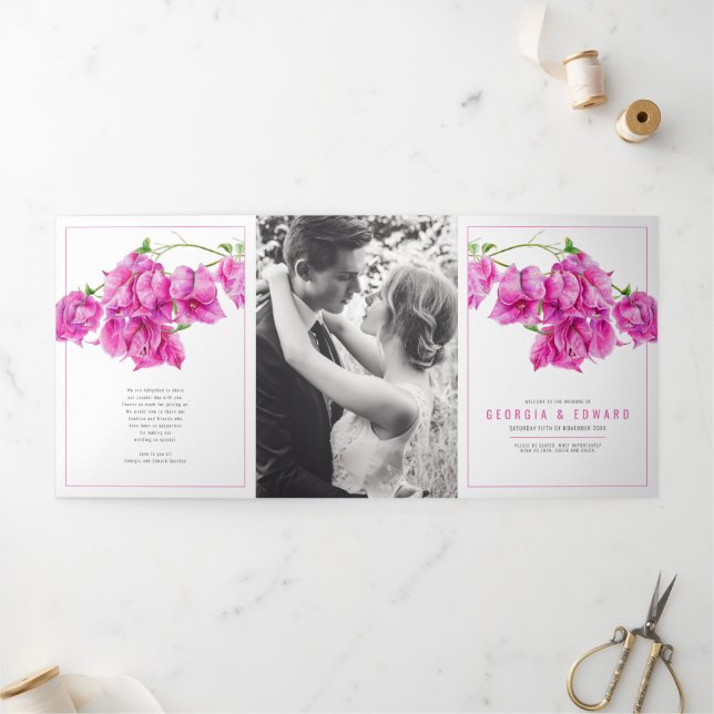 Bougainvillea pink flowers watercolor wedding Tri-Fold program (Outside)