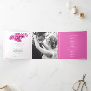 Bougainvillea pink flowers watercolor wedding Tri- Tri-Fold Program